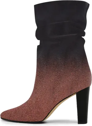FSJ Women Slouchy Mid Calf Boots Pointed Toe Chunky High Heel Classic Ankle Bootie Stretchy Leather Slip On Winter Wide Riding Boots Size 4-15 US