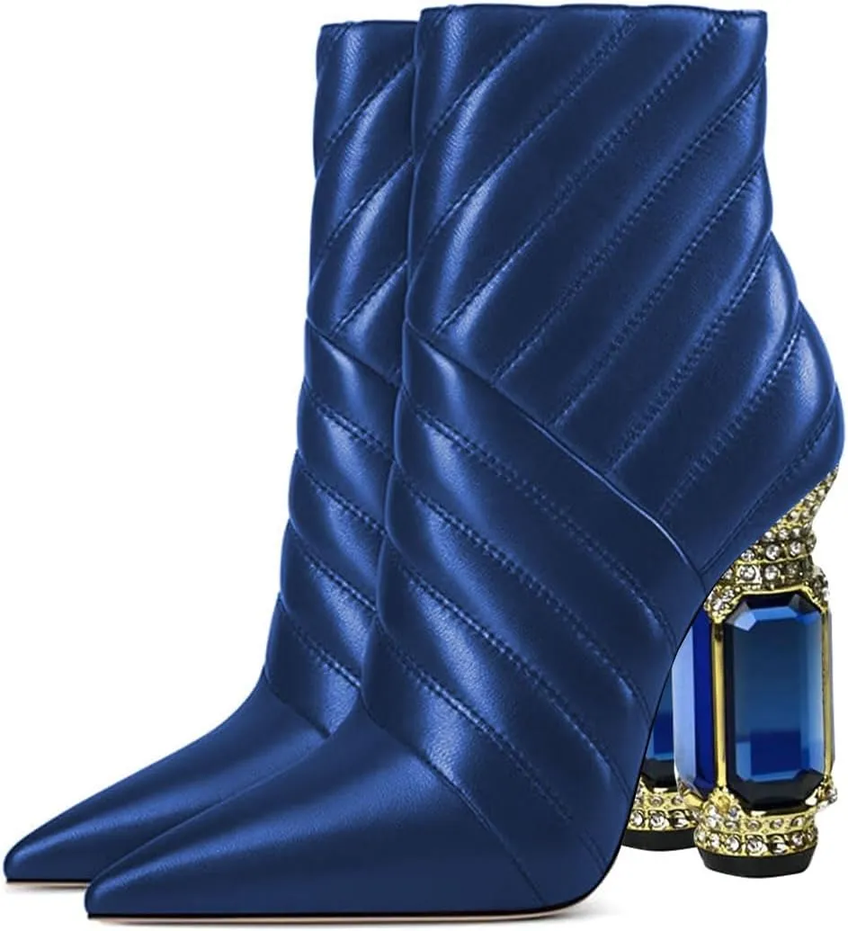 FSJ Women Sparkly Crystal Block High Heel Pointed Toe Ankle Boot Side Zipper Wedding Party Banquet Dress Shoes Size 4-15 US