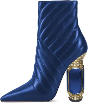 FSJ Women Sparkly Crystal Block High Heel Pointed Toe Ankle Boot Side Zipper Wedding Party Banquet Dress Shoes Size 4-15 US