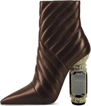 FSJ Women Sparkly Crystal Block High Heel Pointed Toe Ankle Boot Side Zipper Wedding Party Banquet Dress Shoes Size 4-15 US
