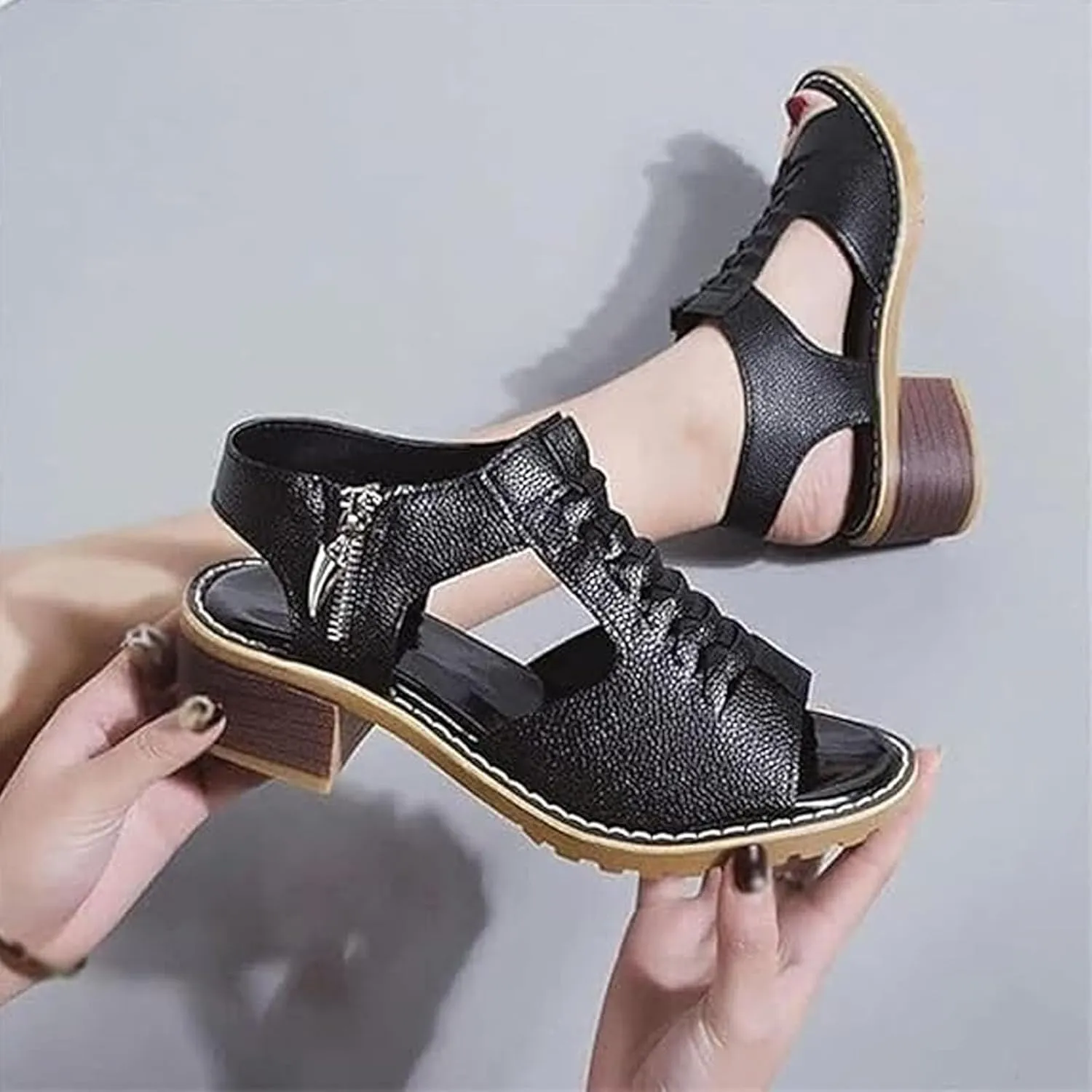 Funfany Peep Toe Cutout Zipper Chunky Heeled Sandals, 2025 Women's Open Toe Comfy Sandals Boots, Orthopedic Thick Sole Wedge