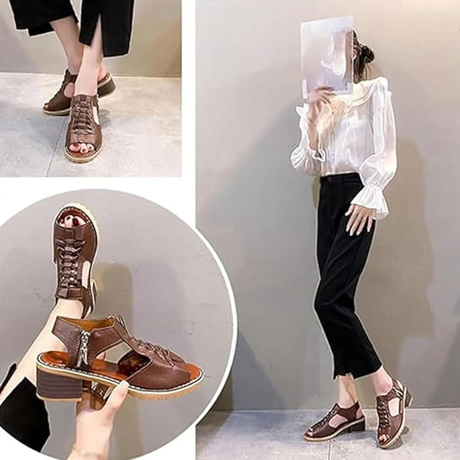 Funfany Peep Toe Cutout Zipper Chunky Heeled Sandals, 2025 Women's Open Toe Comfy Sandals Boots, Orthopedic Thick Sole Wedge