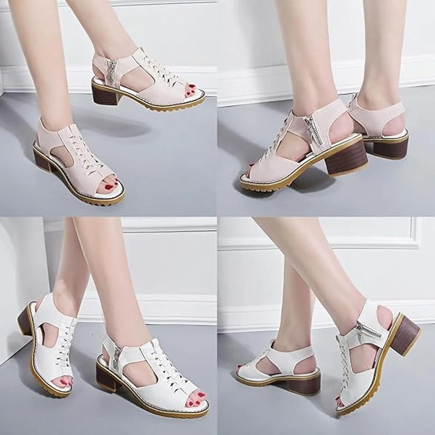 Funfany Peep Toe Cutout Zipper Chunky Heeled Sandals, 2025 Women's Open Toe Comfy Sandals Boots, Orthopedic Thick Sole Wedge