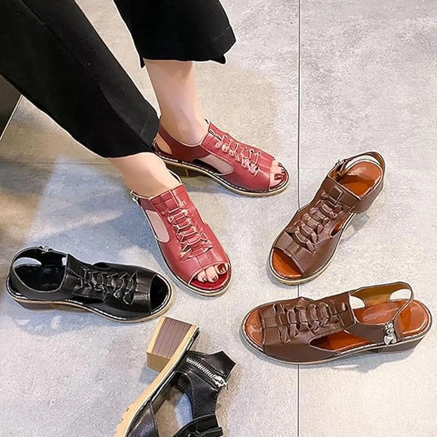 Funfany Peep Toe Cutout Zipper Chunky Heeled Sandals, 2025 Women's Open Toe Comfy Sandals Boots, Orthopedic Thick Sole Wedge