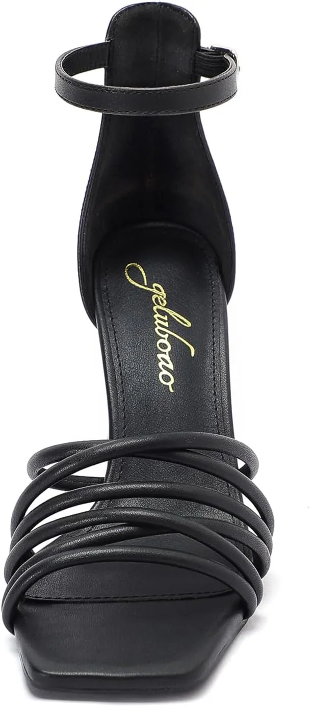 geluboao Heels for Women Strappy Lace Up Chunky Block High Heeled Sandals Square Open Toe Ankle Buckle Strap Sandals Wedding Party Dress Heels