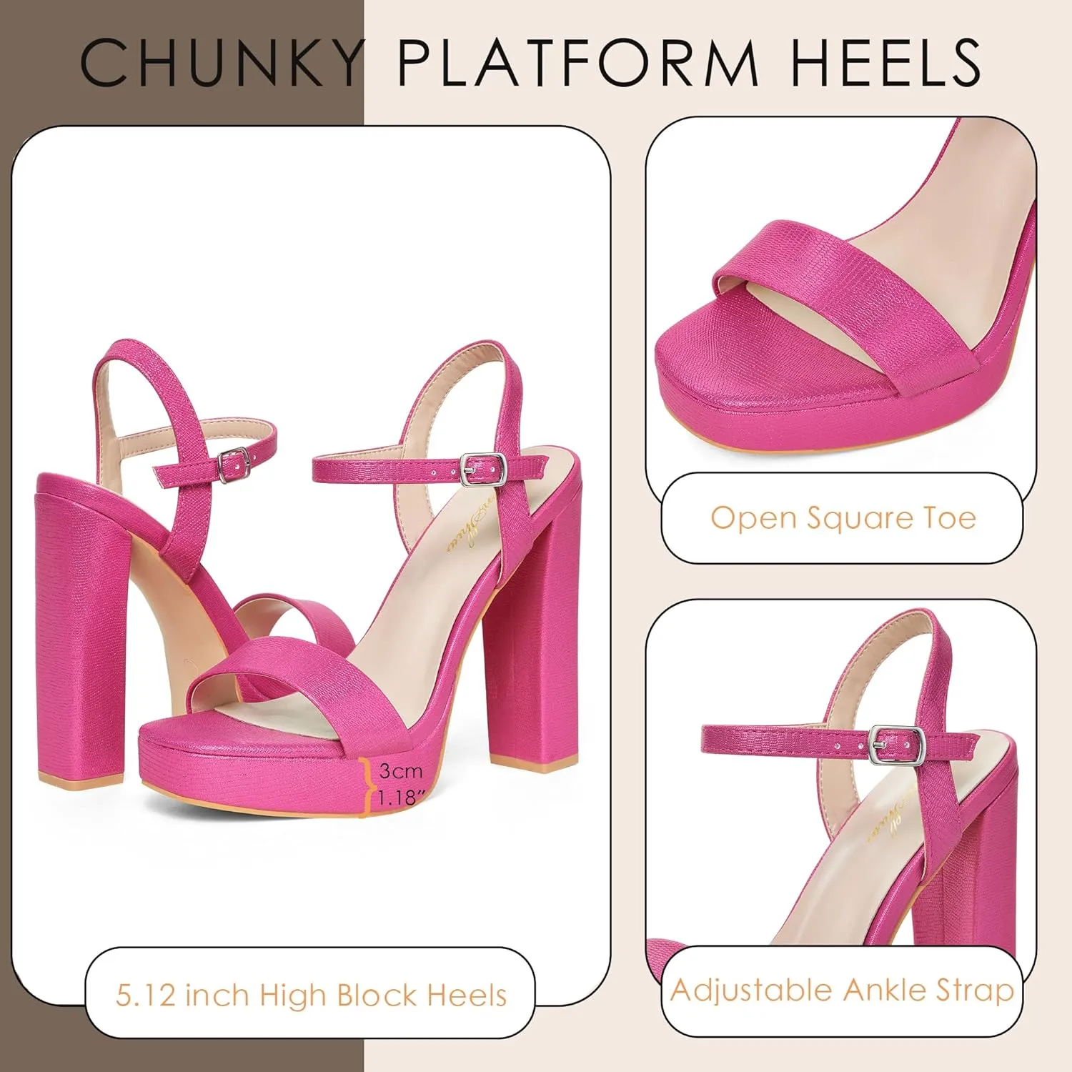 GENSHUO Platform 5 inch High Heels for Women Block Chunky High Heeled Sandals Square Open Toe Ankle Strap Glitter Sexy Shoes for Wedding Party Prom Dance