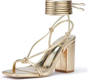 GENSHUO Square Toe Sandals Women Lace up Chunky High Heels Strappy Sandals Block Heeled Ankle Wrap Homecoming Wedding Dress Shoes Gold Size 9.5