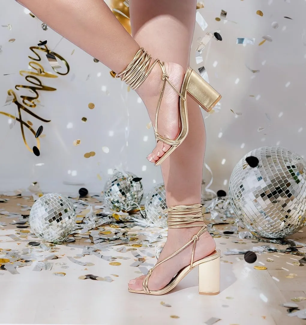 GENSHUO Square Toe Sandals Women Lace up Chunky High Heels Strappy Sandals Block Heeled Ankle Wrap Homecoming Wedding Dress Shoes Gold Size 9.5