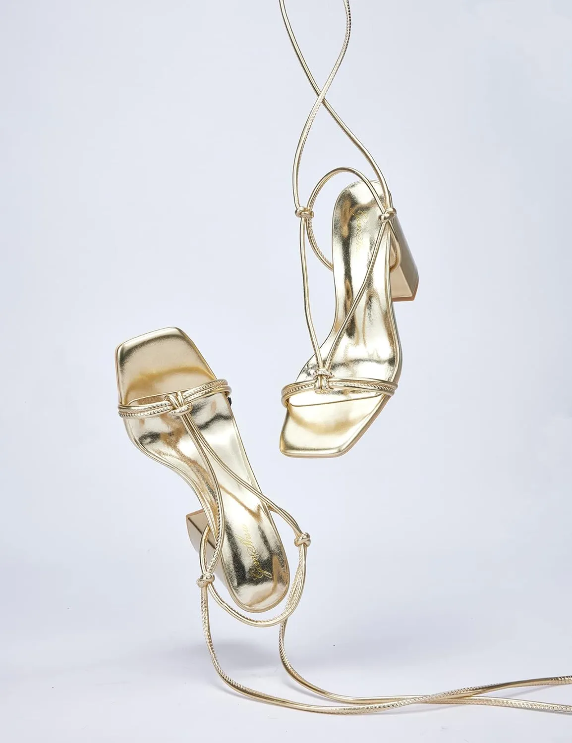 GENSHUO Square Toe Sandals Women Lace up Chunky High Heels Strappy Sandals Block Heeled Ankle Wrap Homecoming Wedding Dress Shoes Gold Size 9.5