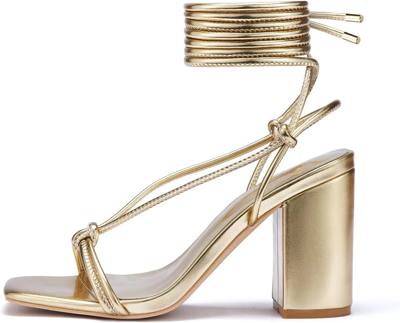 GENSHUO Square Toe Sandals Women Lace up Chunky High Heels Strappy Sandals Block Heeled Ankle Wrap Homecoming Wedding Dress Shoes Gold Size 9.5