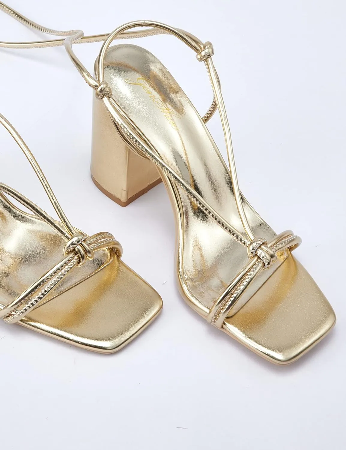 GENSHUO Square Toe Sandals Women Lace up Chunky High Heels Strappy Sandals Block Heeled Ankle Wrap Homecoming Wedding Dress Shoes Gold Size 9.5