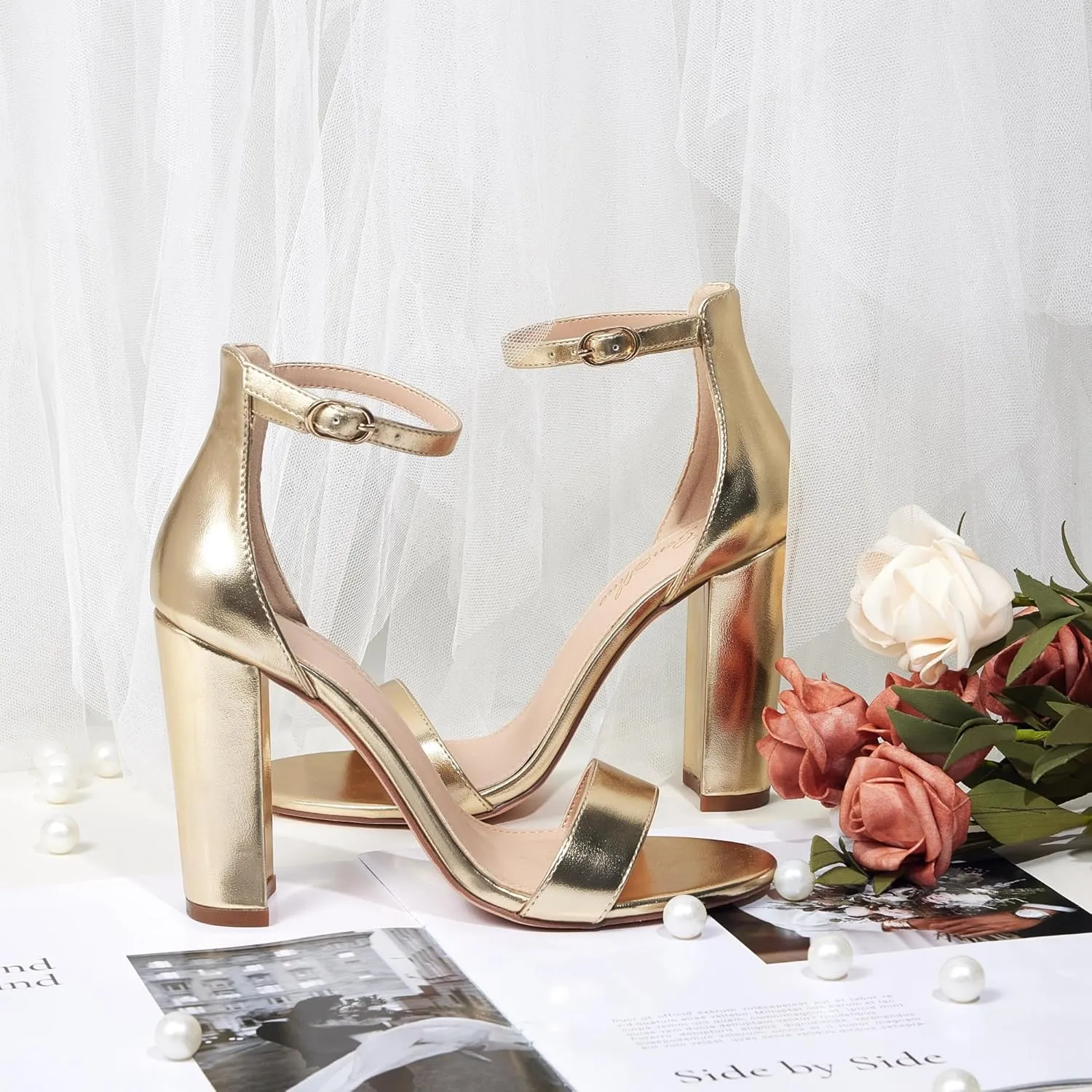 GENSHUO Women's 4-inch Chunky High Heel Sandals with Ankle Strap,Party Wedding Bridal Shoes