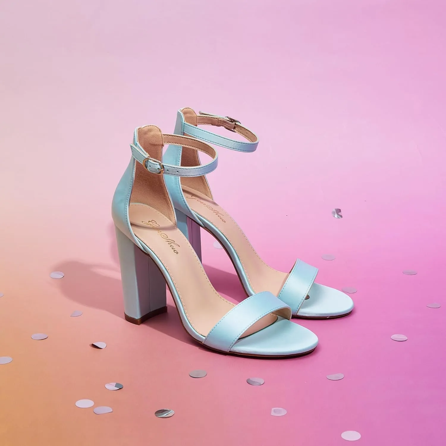 GENSHUO Women's 4-inch Chunky High Heel Sandals with Ankle Strap,Party Wedding Bridal Shoes
