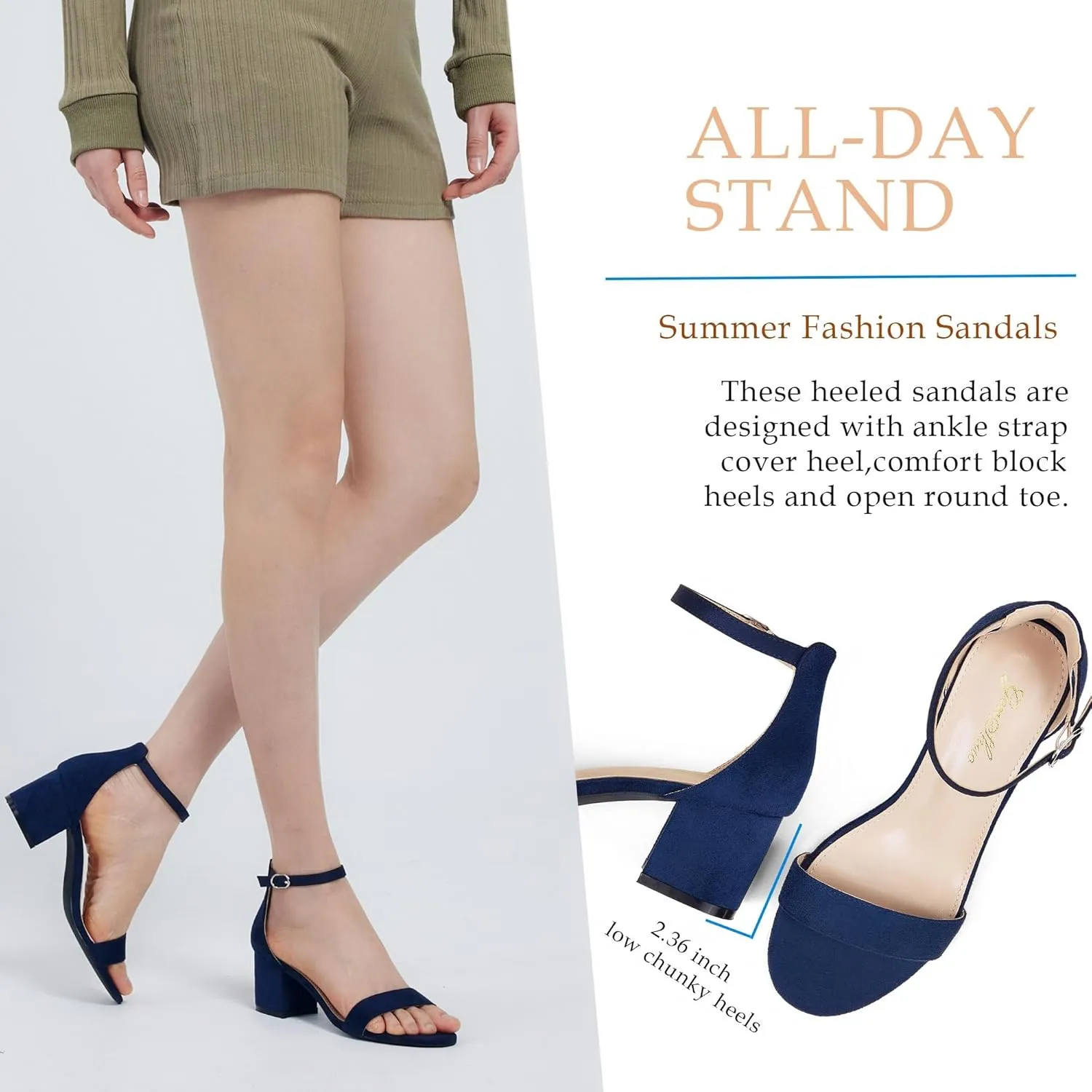 GENSHUO Women's Low Kitten Heel Sandals Strappy Open Square Toe Dress Heels Comfortable Sexy Cute Ankle Strap Wedding Party Prom Summer Heeled Shoes