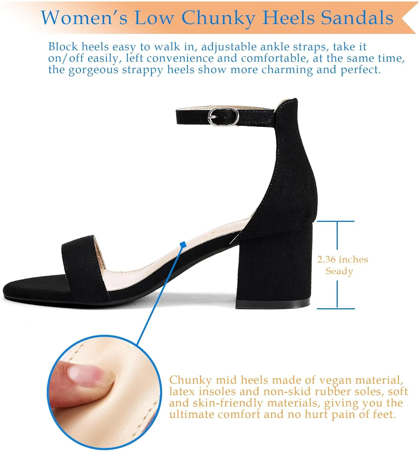 GENSHUO Women's Low Kitten Heel Sandals Strappy Open Square Toe Dress Heels Comfortable Sexy Cute Ankle Strap Wedding Party Prom Summer Heeled Shoes