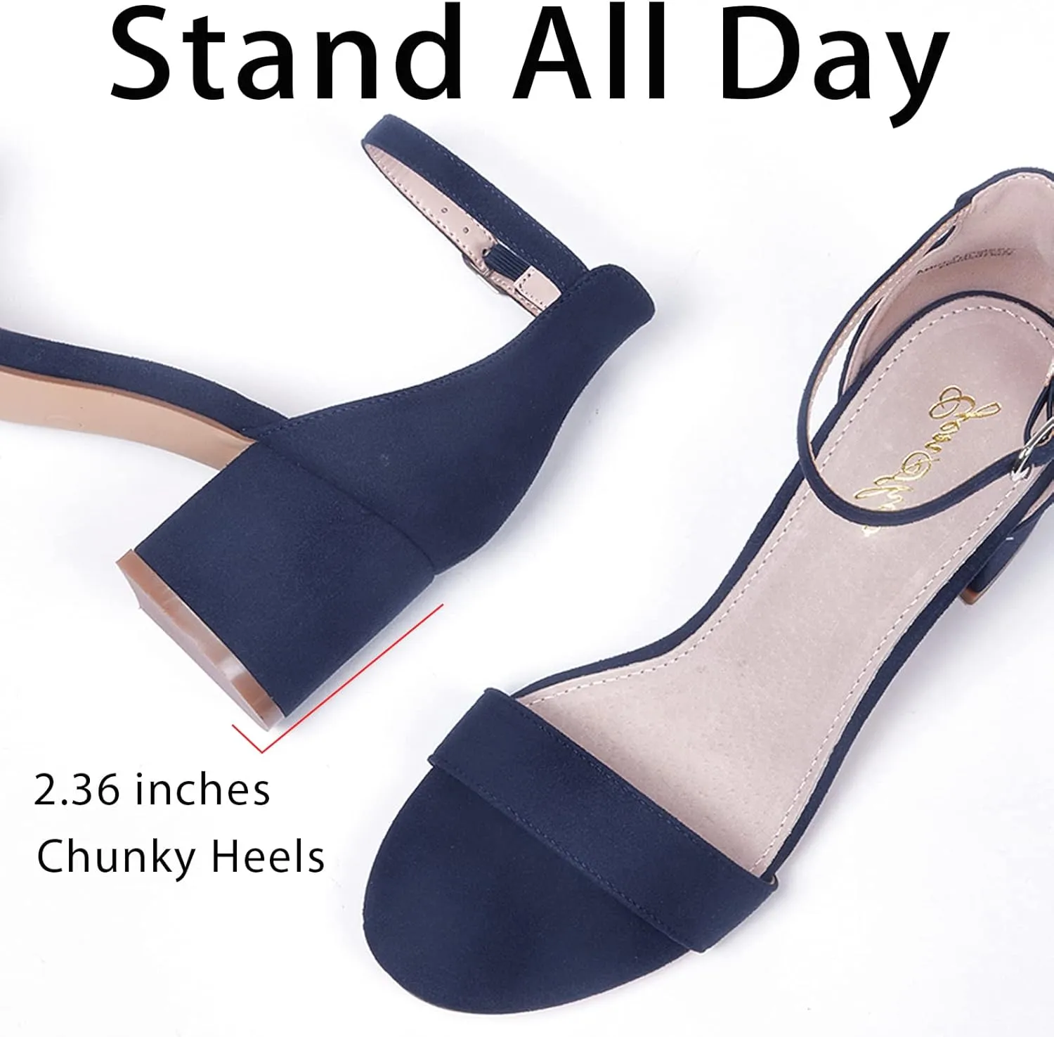 GENSHUO Women's Low Kitten Heel Sandals Strappy Open Square Toe Dress Heels Comfortable Sexy Cute Ankle Strap Wedding Party Prom Summer Heeled Shoes