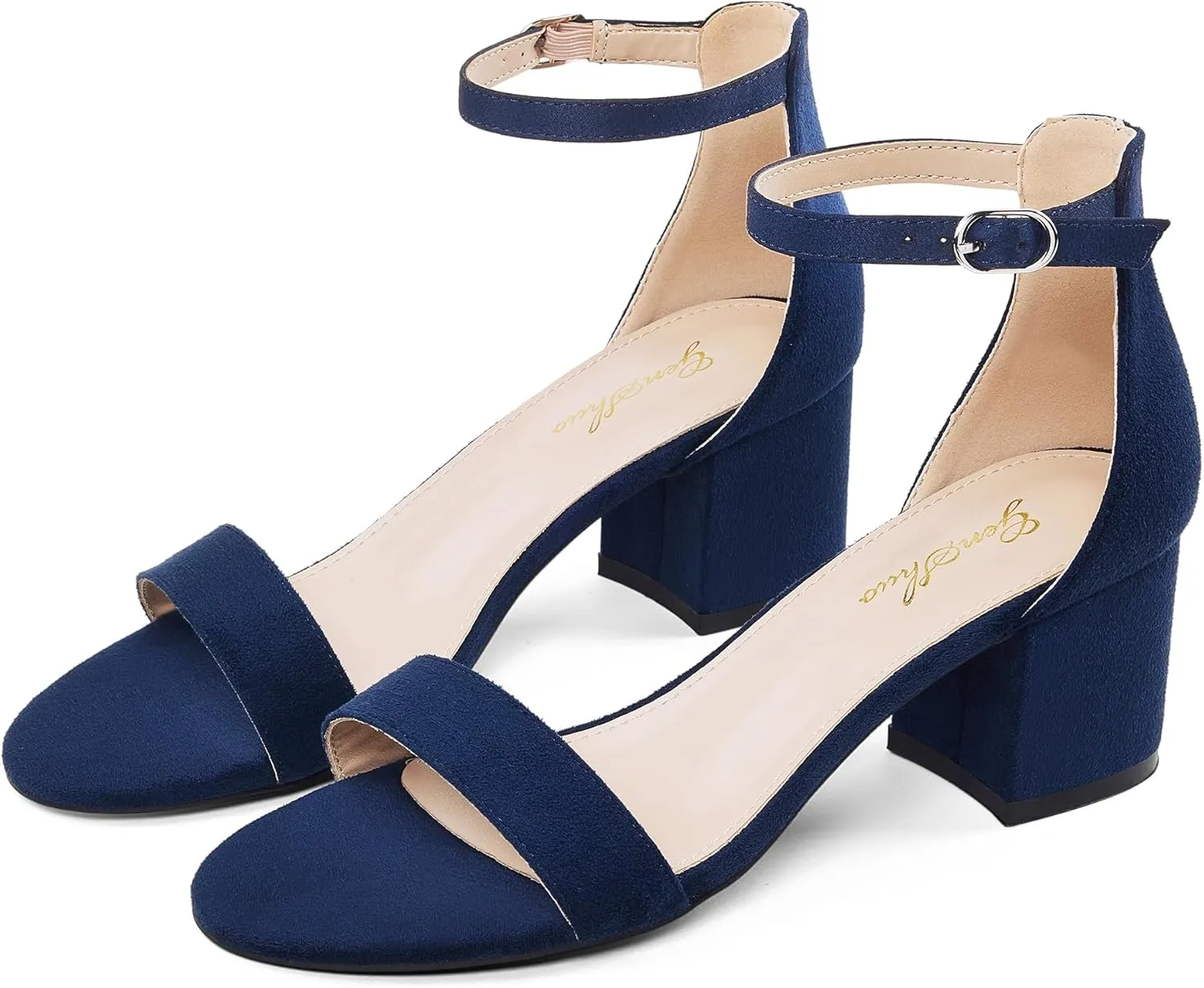 GENSHUO Women's Low Kitten Heel Sandals Strappy Open Square Toe Dress Heels Comfortable Sexy Cute Ankle Strap Wedding Party Prom Summer Heeled Shoes