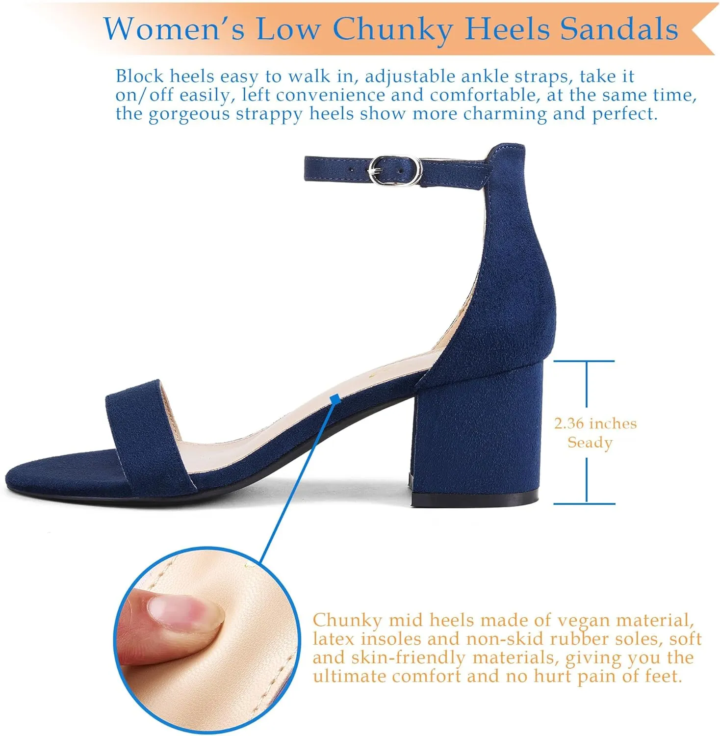 GENSHUO Women's Low Kitten Heel Sandals Strappy Open Square Toe Dress Heels Comfortable Sexy Cute Ankle Strap Wedding Party Prom Summer Heeled Shoes