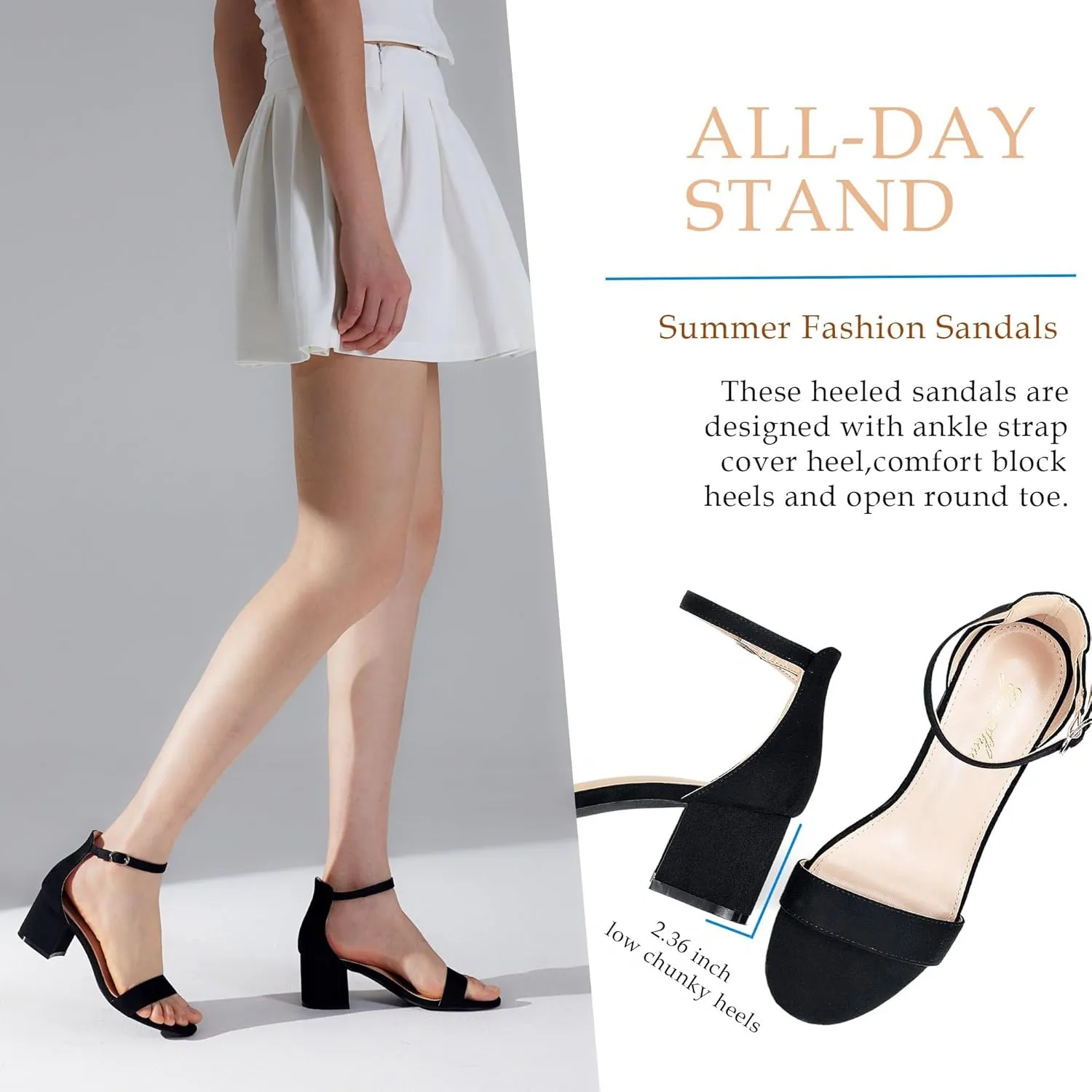 GENSHUO Women's Low Kitten Heel Sandals Strappy Open Square Toe Dress Heels Comfortable Sexy Cute Ankle Strap Wedding Party Prom Summer Heeled Shoes