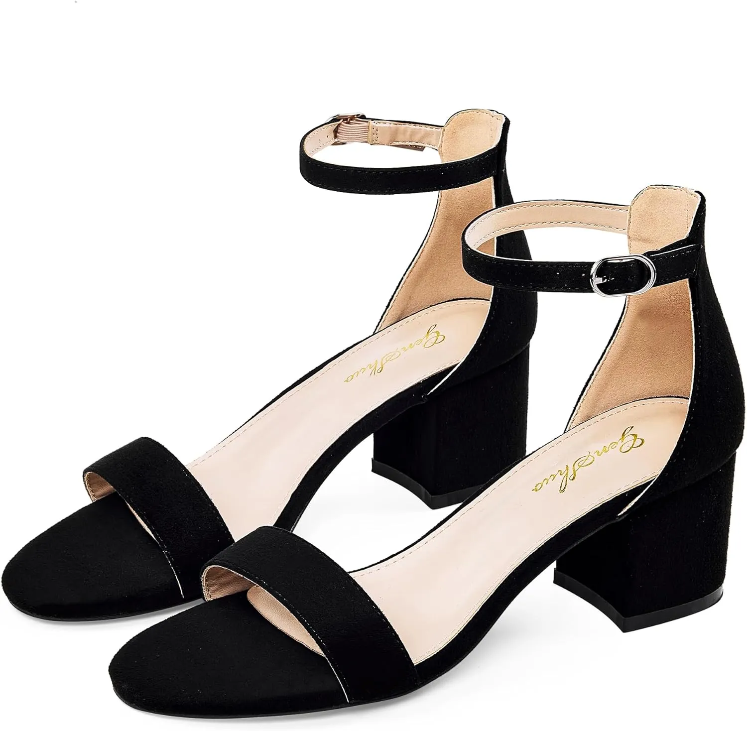 GENSHUO Women's Low Kitten Heel Sandals Strappy Open Square Toe Dress Heels Comfortable Sexy Cute Ankle Strap Wedding Party Prom Summer Heeled Shoes
