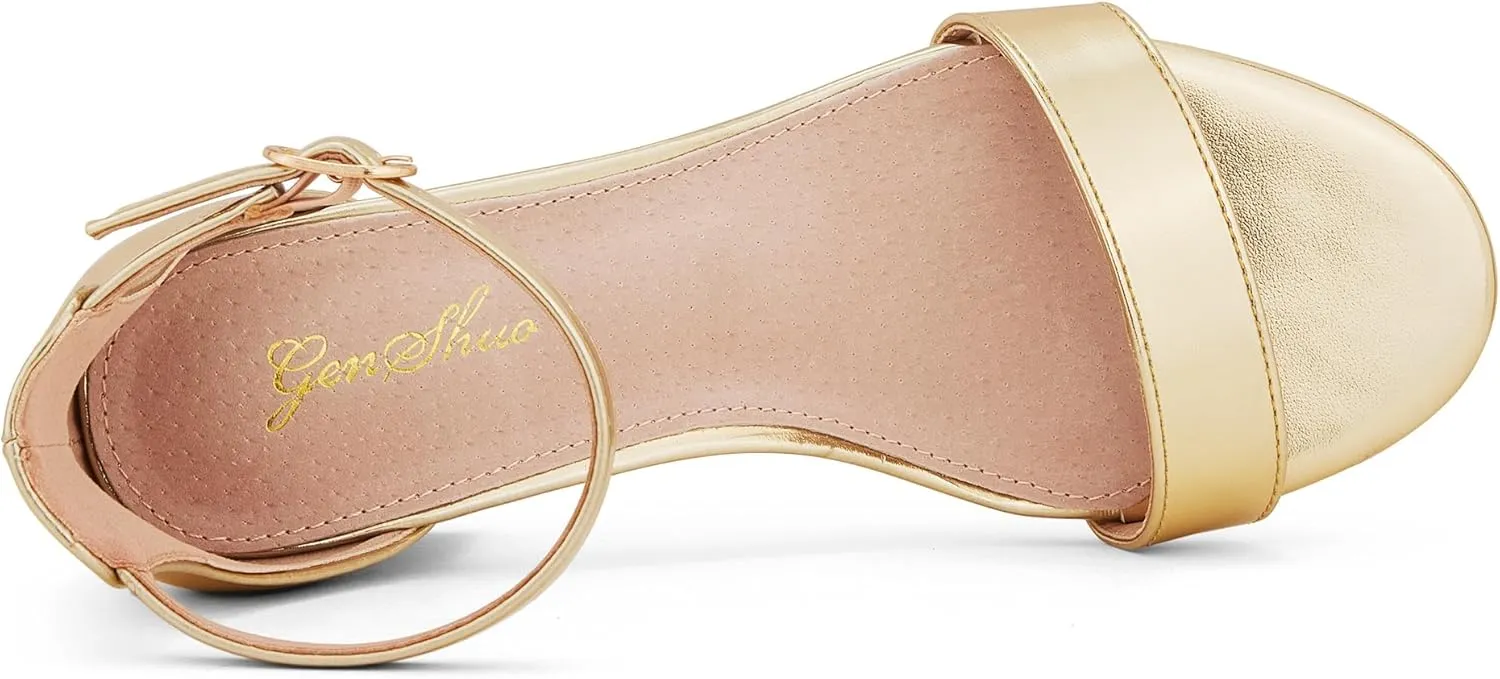 GENSHUO Women's Low Kitten Heel Sandals Strappy Open Square Toe Dress Heels Comfortable Sexy Cute Ankle Strap Wedding Party Prom Summer Heeled Shoes