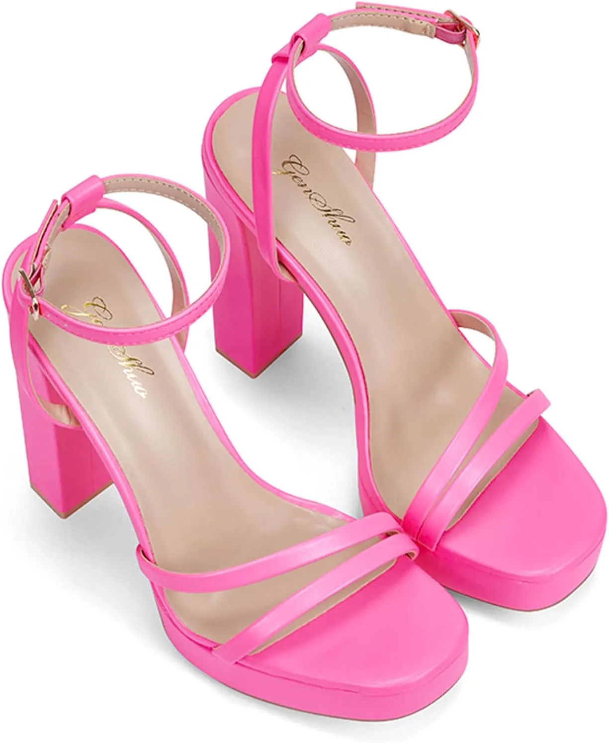 GENSHUO Women's Platform Chunky High Heels Square Toe Ankle Strap Heel Sandals Strappy Wedding Party Dress shoes