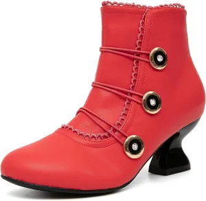 getmorebeauty Women's Ankle Boots Low Heels Lace Buttons Round Toe Side Zipper Vintage Short Boots Autumn Winter