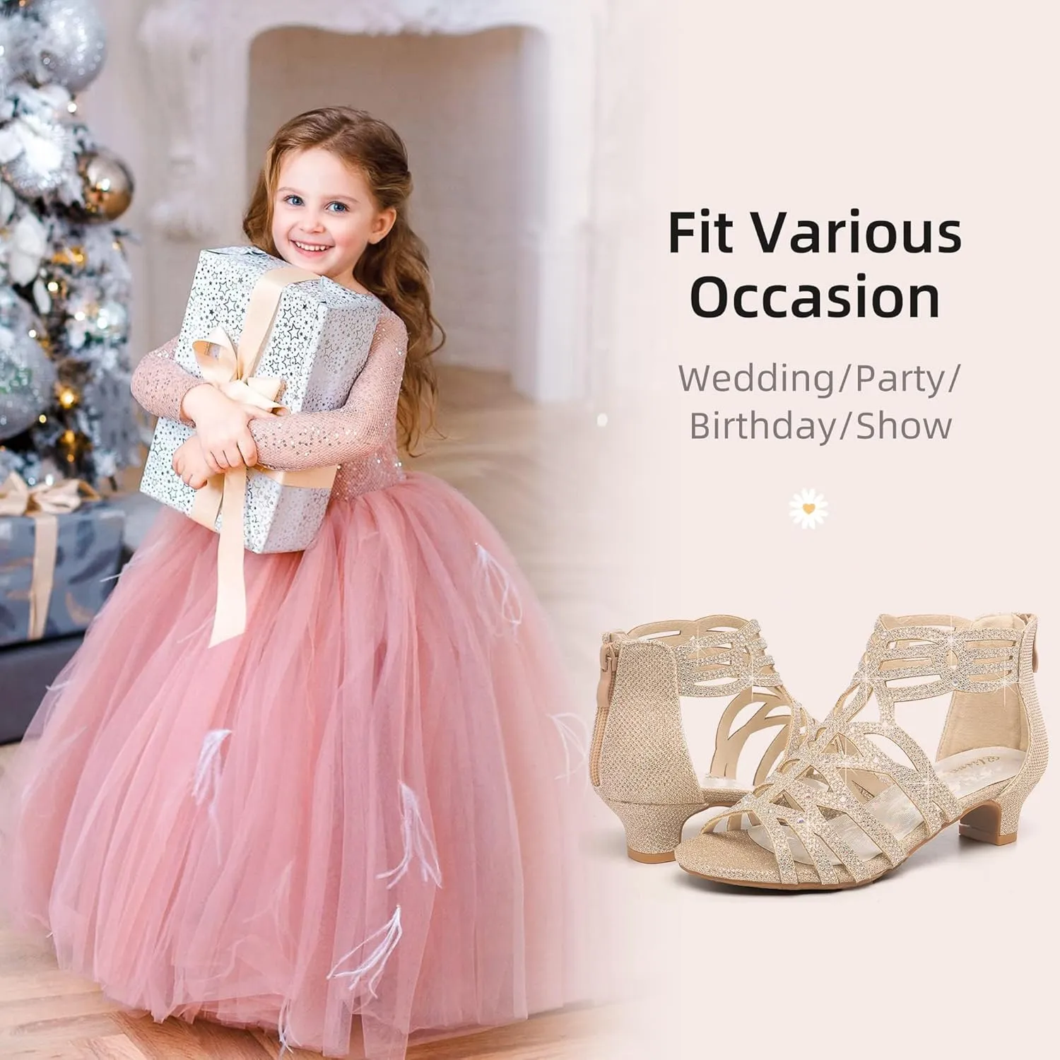 Girls High Heels Dress Pump Sandals Glitter Wedding Flower Party Princess Shoes for Kids Toddler