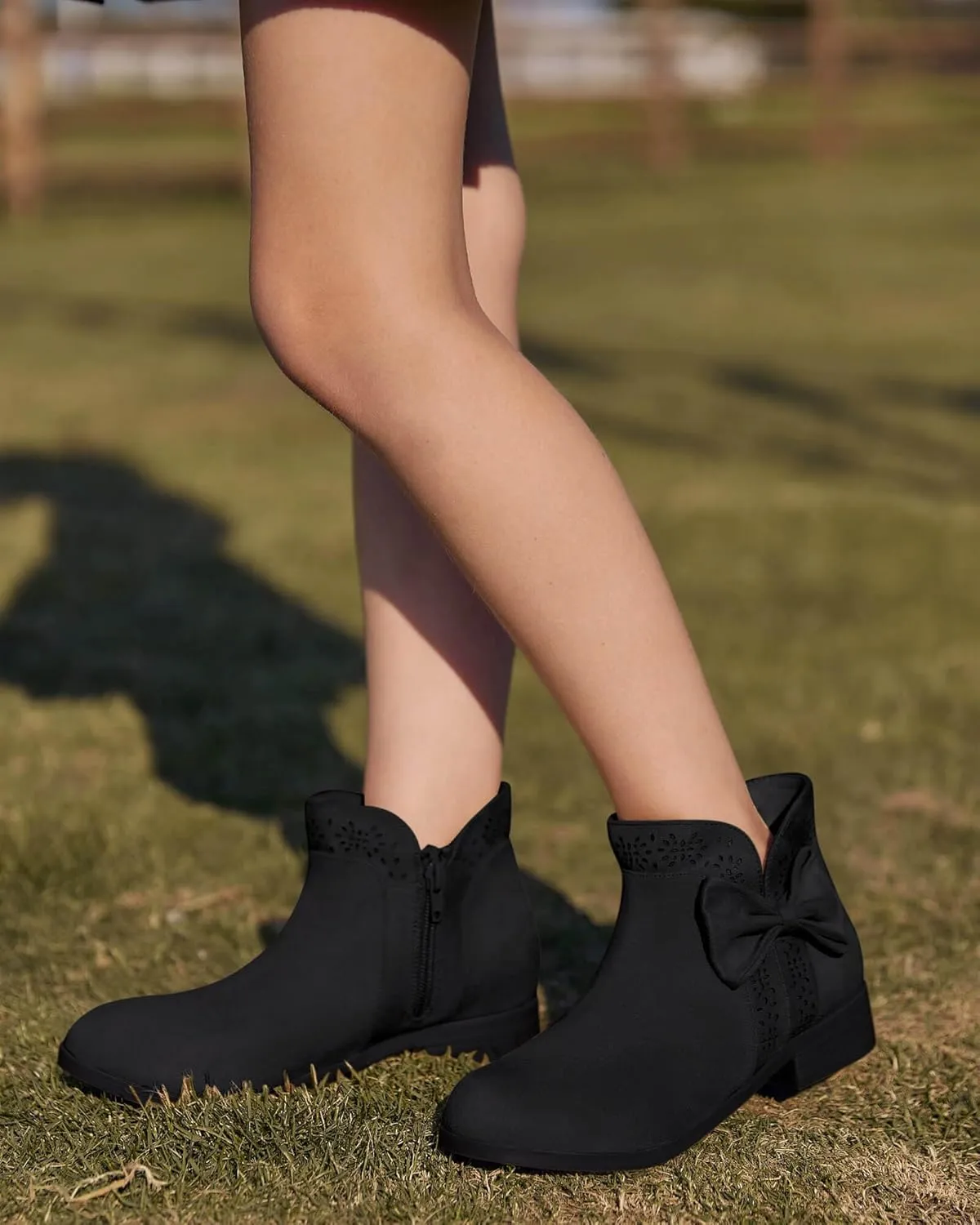 Girls Kids Bow Knot Ankle Boots Faux Suede V Cutout Low Stacked Heel Side Zipper Chelsea Shoes