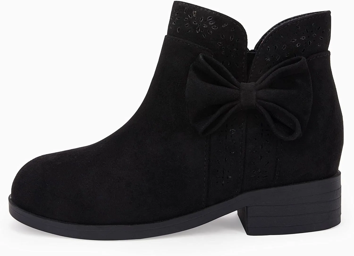 Girls Kids Bow Knot Ankle Boots Faux Suede V Cutout Low Stacked Heel Side Zipper Chelsea Shoes