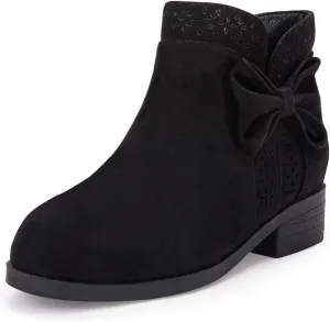 Girls Kids Bow Knot Ankle Boots Faux Suede V Cutout Low Stacked Heel Side Zipper Chelsea Shoes