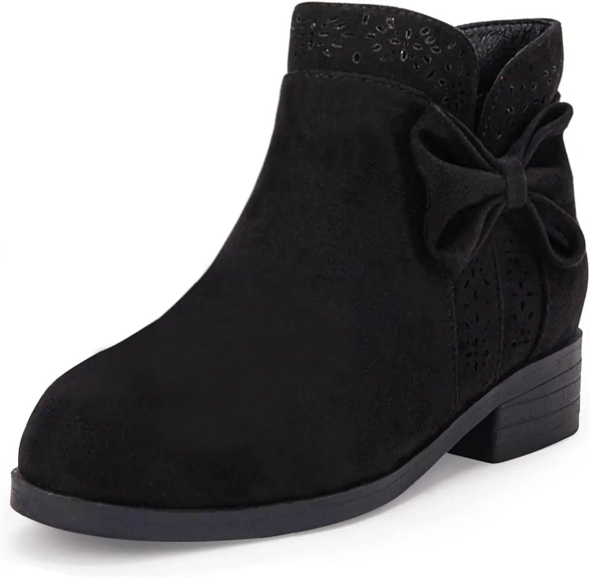 Girls Kids Bow Knot Ankle Boots Faux Suede V Cutout Low Stacked Heel Side Zipper Chelsea Shoes
