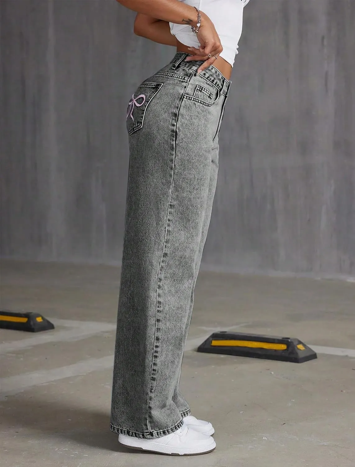 Girls Wide Leg Jeans Baggy Bow Embroidery High Elastic Waist Denim Pants Cute Y2K Trendy Tween Streetwear 8-16Y