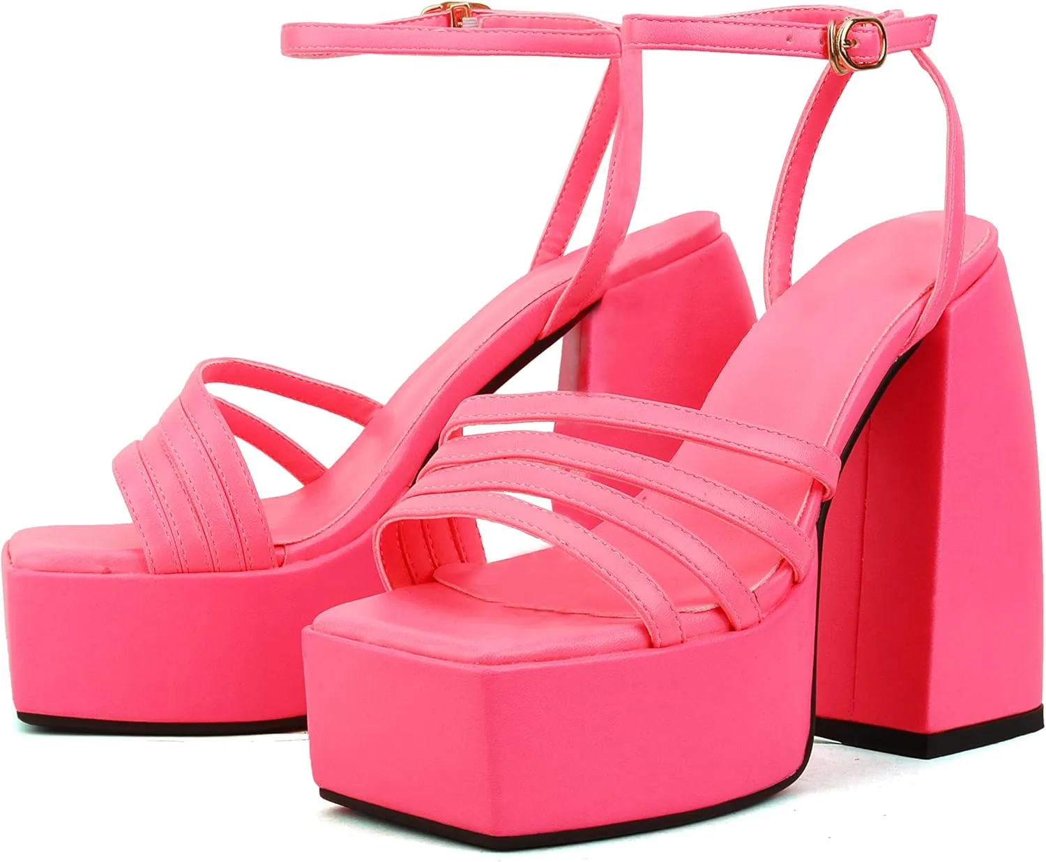 Goolita Summer Open Square Toe Chunky Platform Heels For Women Buckle Ankle Strap Heeled Sandals Slingback Dress Party Shoes