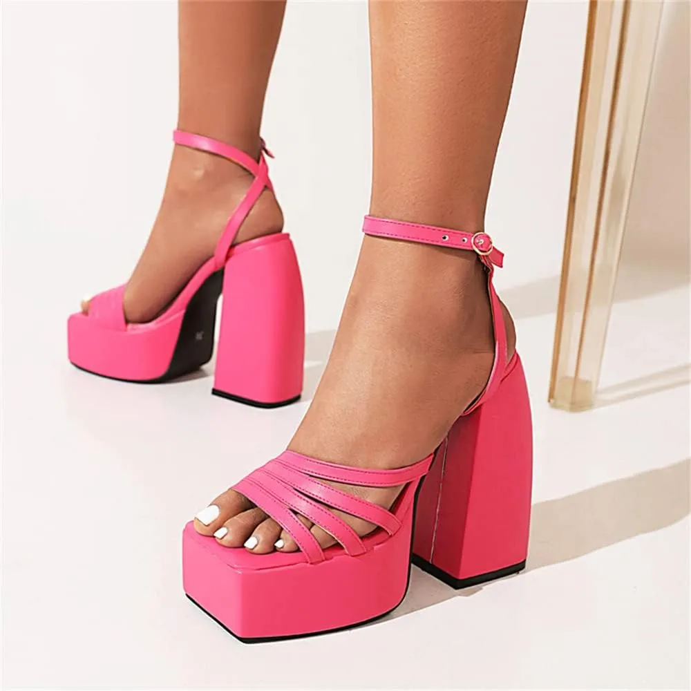Goolita Summer Open Square Toe Chunky Platform Heels For Women Buckle Ankle Strap Heeled Sandals Slingback Dress Party Shoes