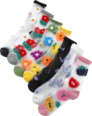 GORGLITTER Women's 4 Pairs Sheer Mesh Flower Patterned Thin Casual Crew Socks Transparent Cute Summer Socks