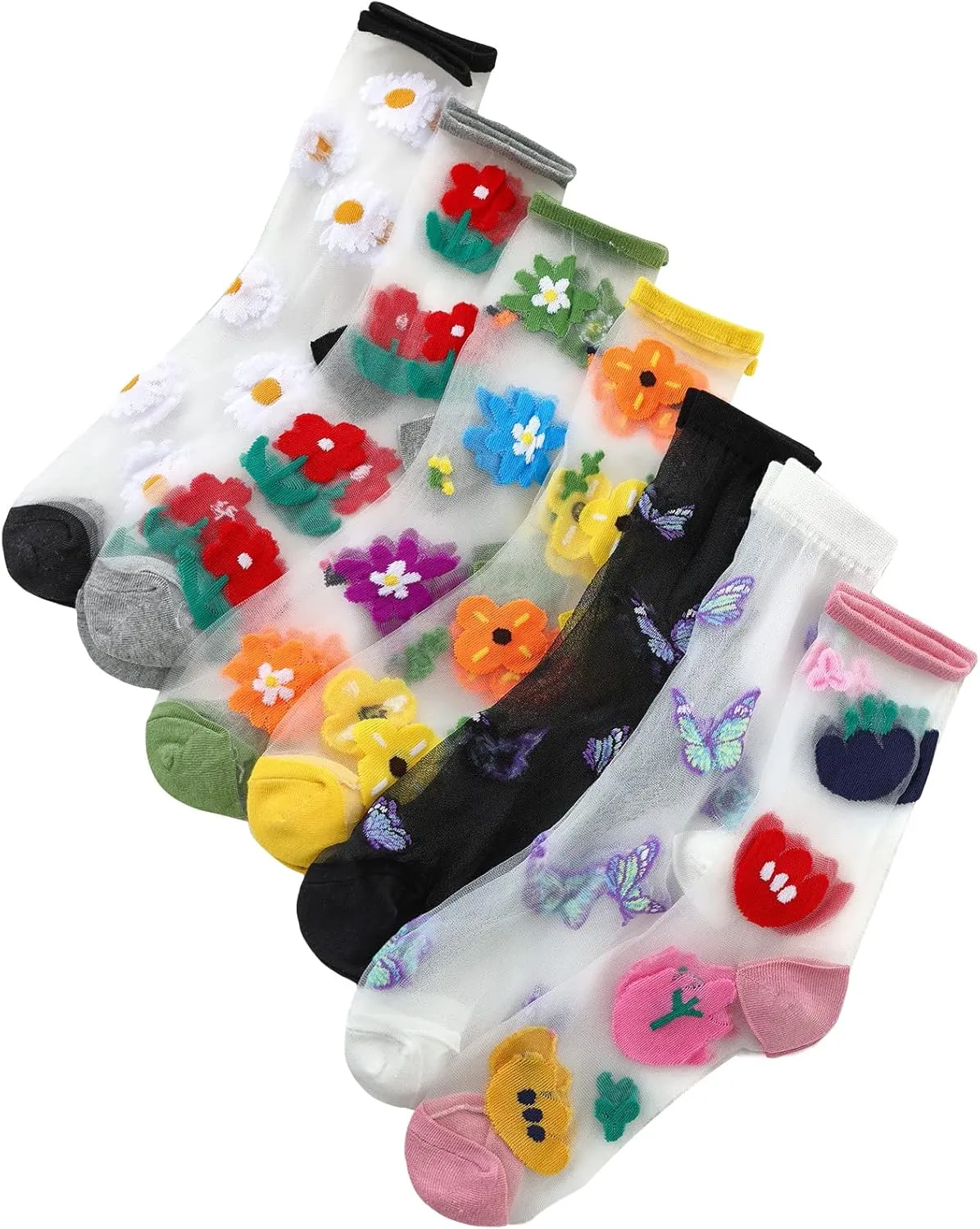 GORGLITTER Women's 4 Pairs Sheer Mesh Flower Patterned Thin Casual Crew Socks Transparent Cute Summer Socks