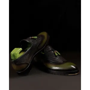 Green Patina Mirror Glossed Tassel Loafers With Textured Vamp   Commando Sole   Metal Toe