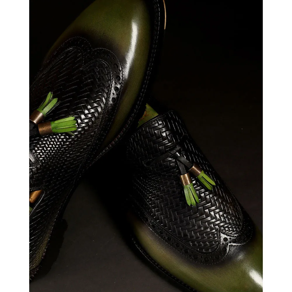 Green Patina Mirror Glossed Tassel Loafers With Textured Vamp   Commando Sole   Metal Toe