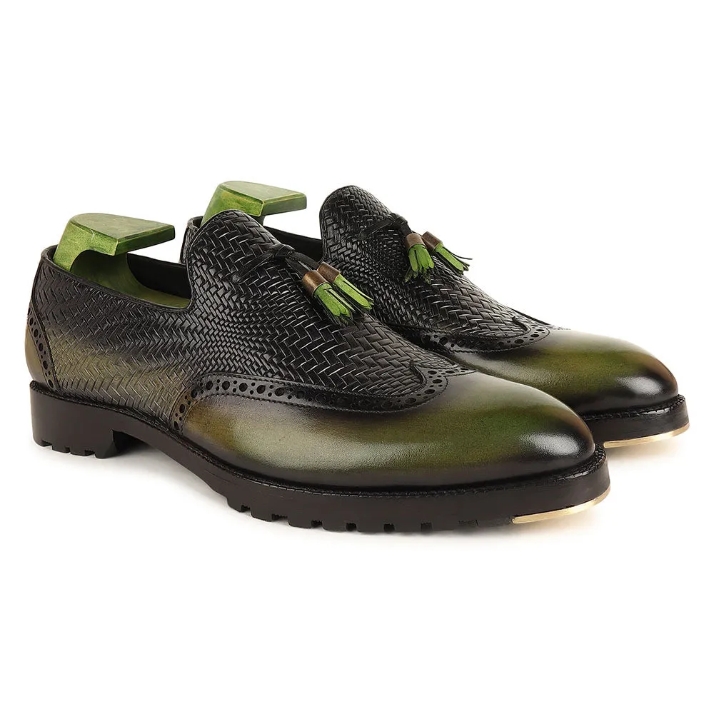 Green Patina Mirror Glossed Tassel Loafers With Textured Vamp   Commando Sole   Metal Toe