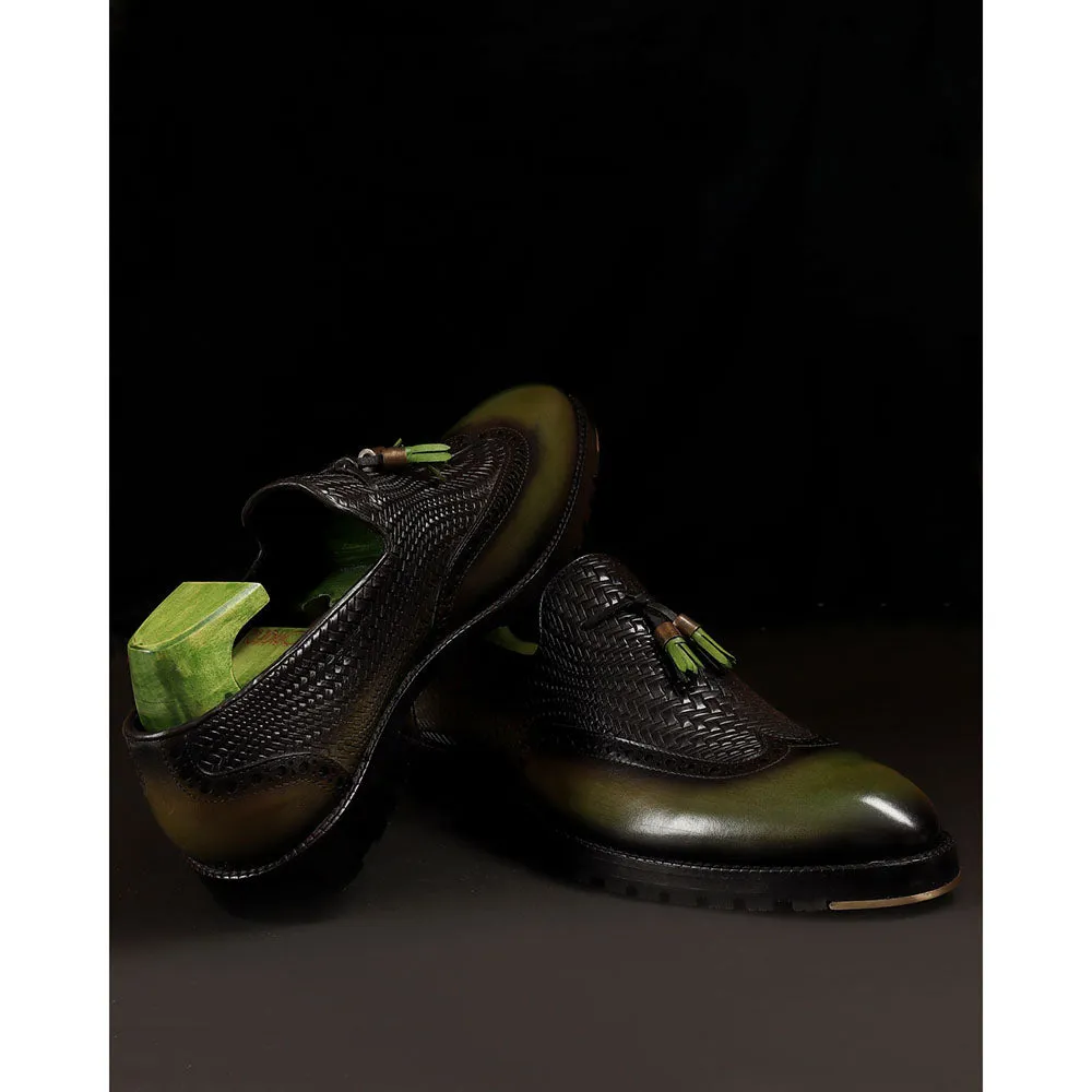 Green Patina Mirror Glossed Tassel Loafers With Textured Vamp   Commando Sole   Metal Toe