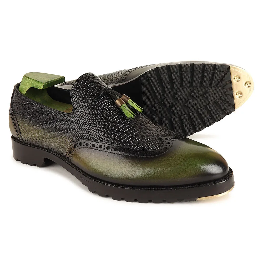 Green Patina Mirror Glossed Tassel Loafers With Textured Vamp   Commando Sole   Metal Toe