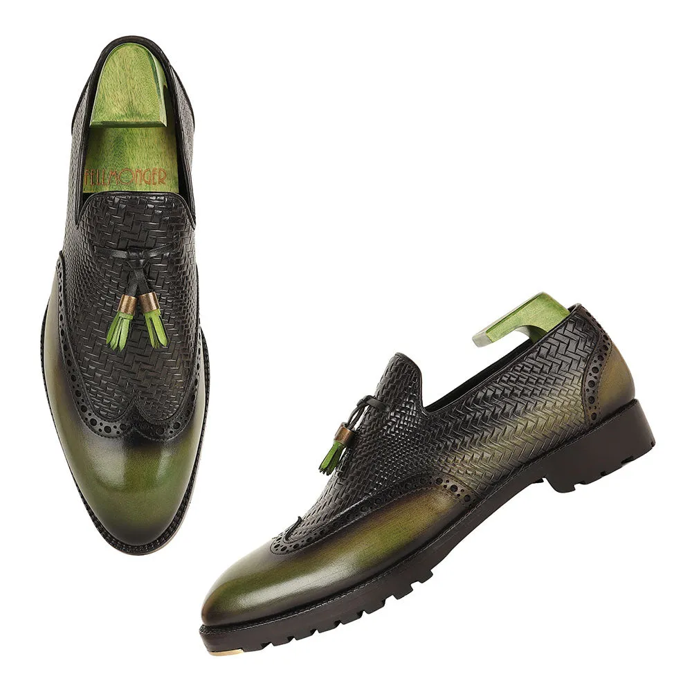 Green Patina Mirror Glossed Tassel Loafers With Textured Vamp   Commando Sole   Metal Toe