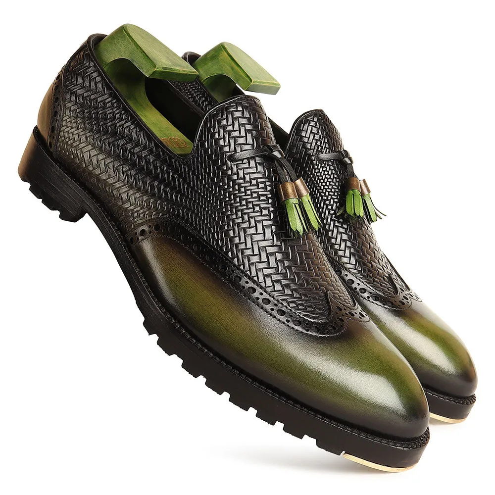 Green Patina Mirror Glossed Tassel Loafers With Textured Vamp   Commando Sole   Metal Toe