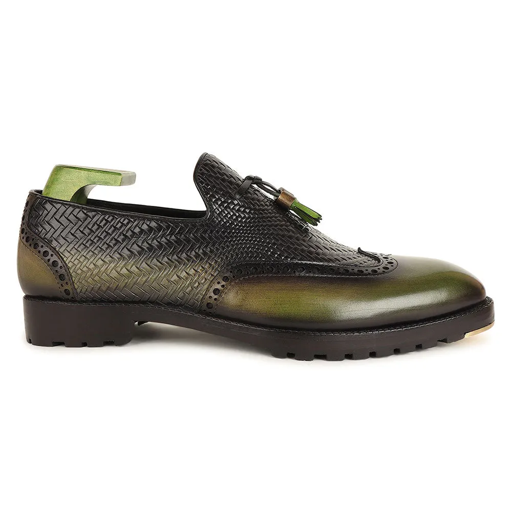 Green Patina Mirror Glossed Tassel Loafers With Textured Vamp   Commando Sole   Metal Toe