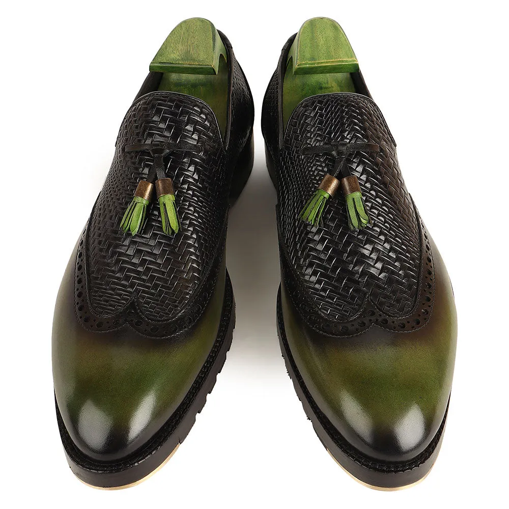Green Patina Mirror Glossed Tassel Loafers With Textured Vamp   Commando Sole   Metal Toe