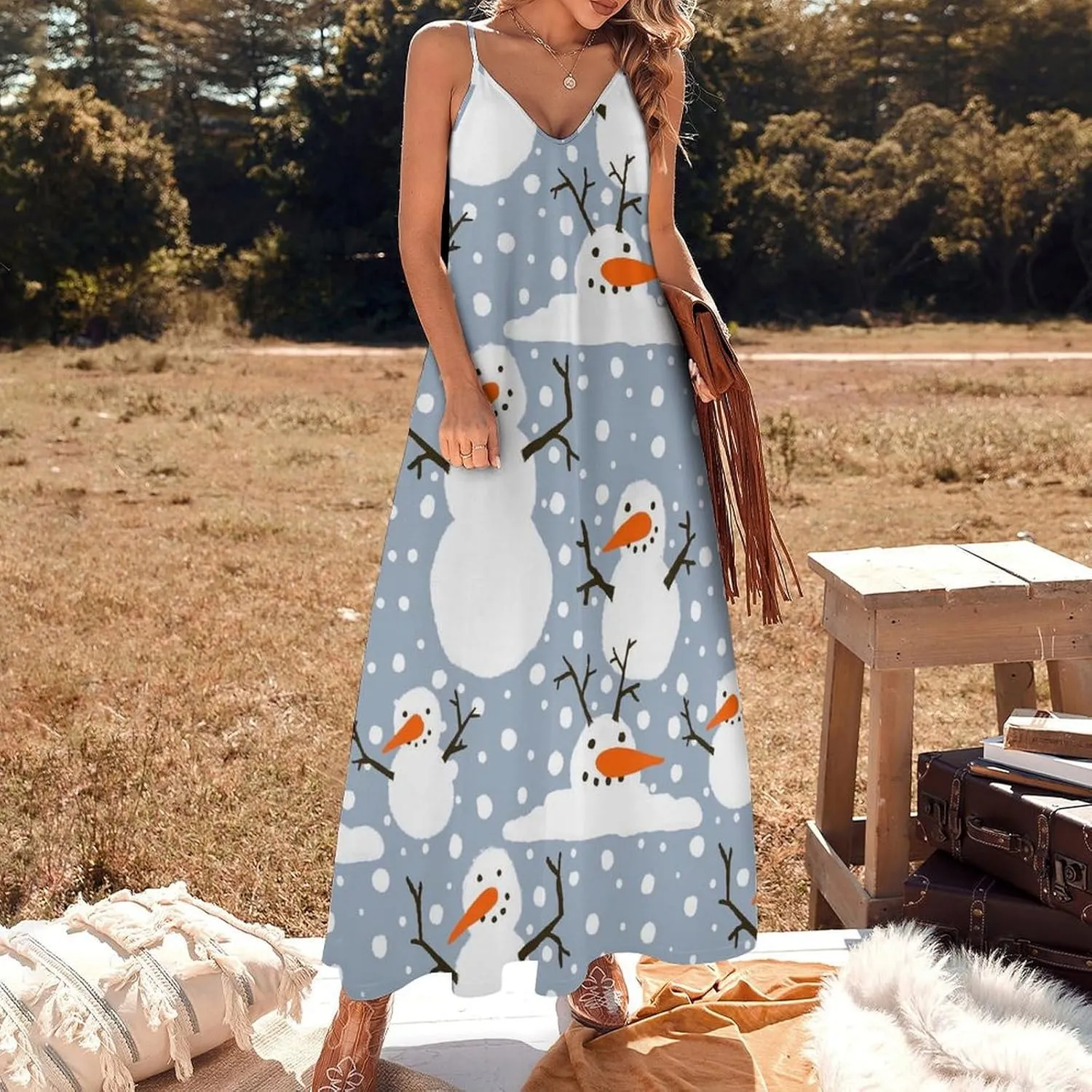 Happy Snowmen Snowfall Long Summer Dresses for Women 2025 Summer Maxi Dresses Flowy Spaghetti Strap Sundress
