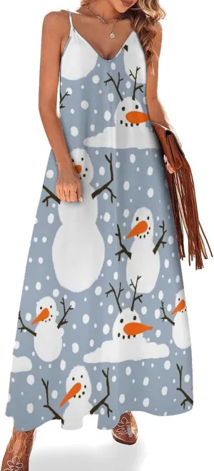 Happy Snowmen Snowfall Long Summer Dresses for Women 2025 Summer Maxi Dresses Flowy Spaghetti Strap Sundress