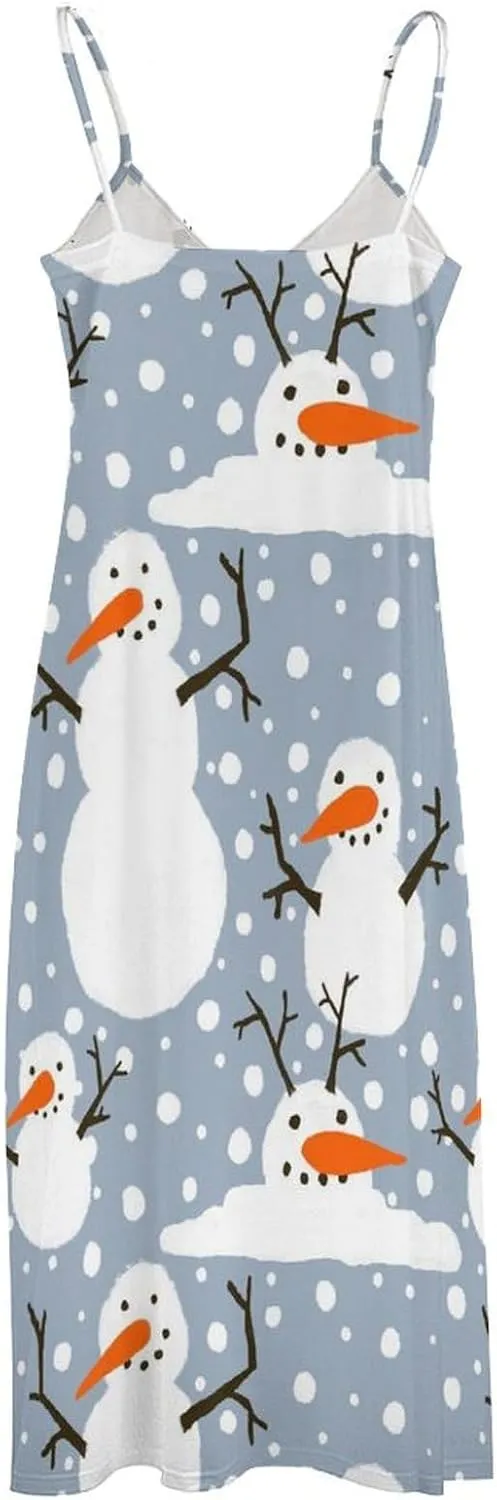 Happy Snowmen Snowfall Long Summer Dresses for Women 2025 Summer Maxi Dresses Flowy Spaghetti Strap Sundress