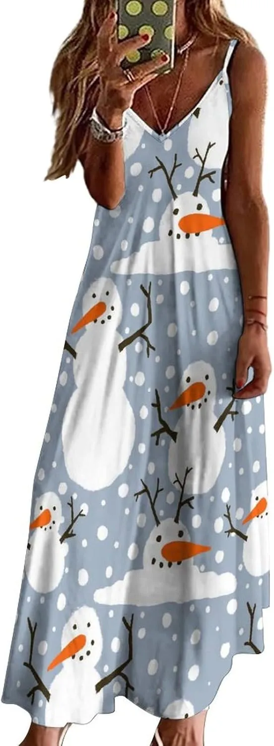 Happy Snowmen Snowfall Long Summer Dresses for Women 2025 Summer Maxi Dresses Flowy Spaghetti Strap Sundress